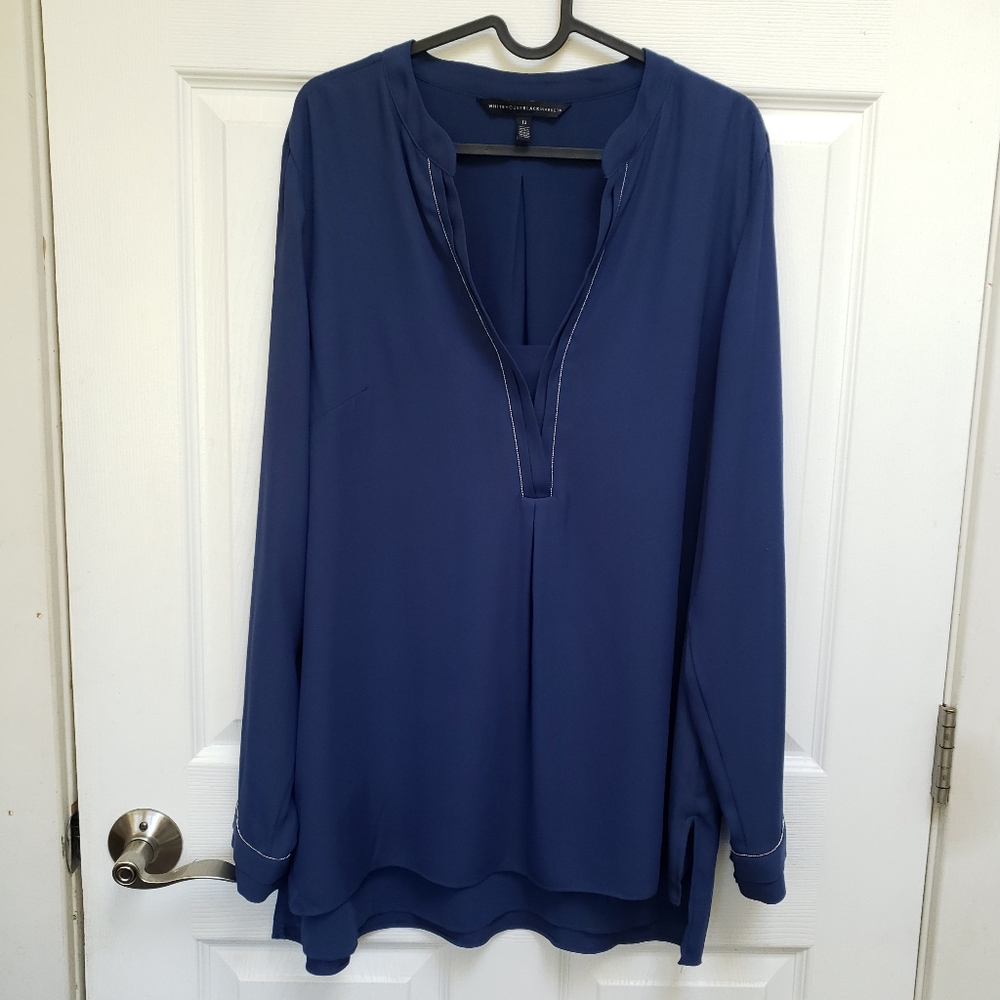 White House Black Market Blue Bling Long Sleeve V-Neck Tunic Blouse